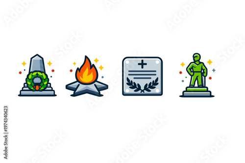 Set of memorial icons featuring a wreath monument, eternal flame, engraved plaque, and commemorative soldier statue in colorful flat vector style