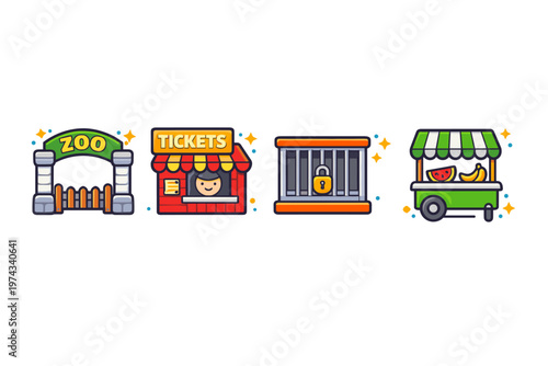 Cute zoo icon set featuring entrance gate, ticket booth with cashier, animal cage with lock, and striped food cart on a clean white background
