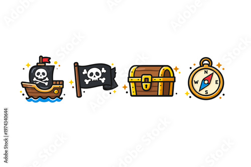Playful pirate adventure icon set featuring skull ship, Jolly Roger flag, treasure chest, and compass navigation symbols on white background