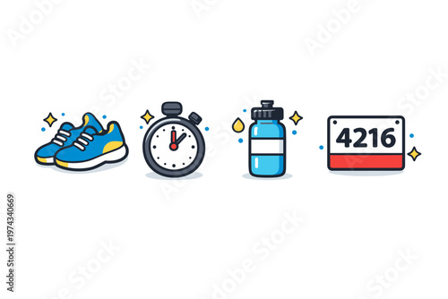 Fitness activity tracker icons showing running shoes, stopwatch timer, water bottle hydration, and daily step count number for workout goals