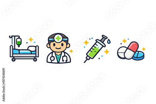 Medical care icons featuring hospital bed with IV drip, smiling doctor, syringe injection, and assorted pills in clean flat cartoon style