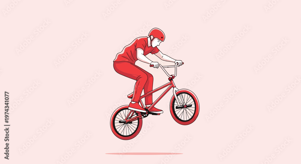 Fototapeta premium Dynamic BMX Rider Performing Aerial Stunt In Vibrant Red Attire