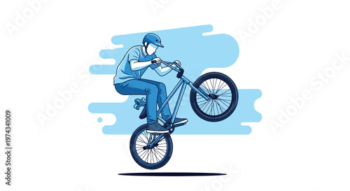 Dynamic Bmx Rider Performing A Wheelie With Blue Abstract Background Graphic
