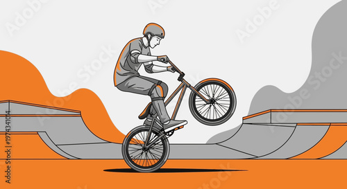 Dynamic BMX Rider Performing a Wheelie Trick in Skatepark Setting