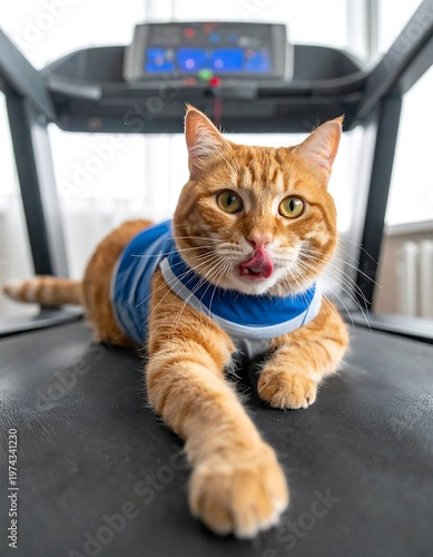 A ginger cat in a blue vest lies on a treadmill