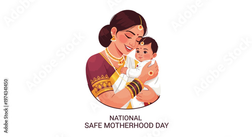 A loving mother tenderly holds her baby in a vector illustration designed for National Safe Motherhood Day, set against a clean white background to promote maternal health awareness