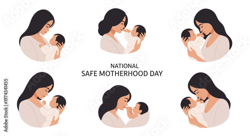 A collection of vector illustrations showcases diverse depictions of mothers tenderly holding their infants, symbolizing maternal healthcare and safe delivery on National Safe Motherhood