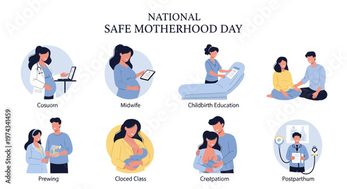 A flat vector illustration promoting maternal healthcare awareness and National Safe Motherhood Day, depicting diverse scenes of pregnancy care, childbirth education, and postpartum support
