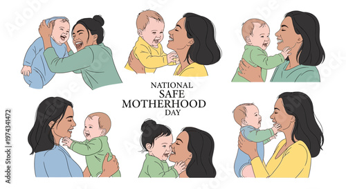 A simple vector illustration depicting different mothers holding their babies in a maternal health awareness campaign promoting National Safe Motherhood Day, set against a clean white