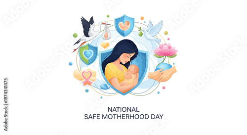 Illustrated vector art commemorating National Safe Motherhood Day features a mother tenderly holding her baby, surrounded by symbols of care and health, all set against a clean white