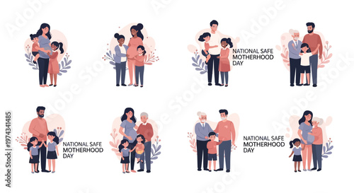 A set of eight vector illustrations for national safe motherhood day features diverse families with parents and children in a warm, supportive embrace, promoting maternal health awareness