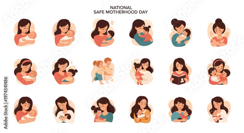 A flat lay illustration showcases a series of vector images depicting mothers holding their babies, emphasizing safe motherhood awareness against soft, pastel backgrounds to promote