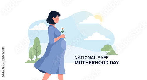 A pregnant woman holds a flower in a vector illustration for maternal health awareness, set against a light blue background with trees and clouds, promoting safe motherhood and prenatal