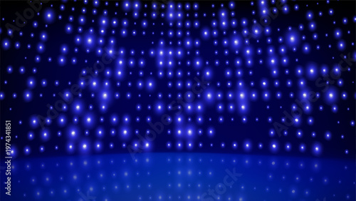 Flashing background led wall lights on stage. Blue cyan glowing dots abstract background. Tech inspired abstract backdrop. Bright flicker stage lights. Futuristic blue dot pattern. Vector illustration