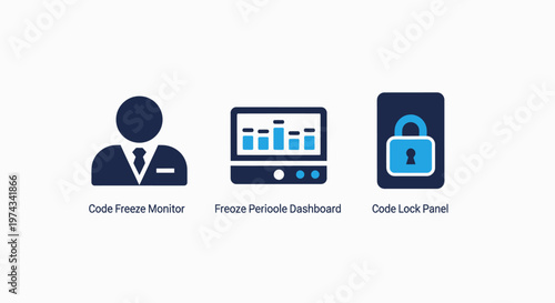 Business and security icons: user profile, data analysis, and locked system