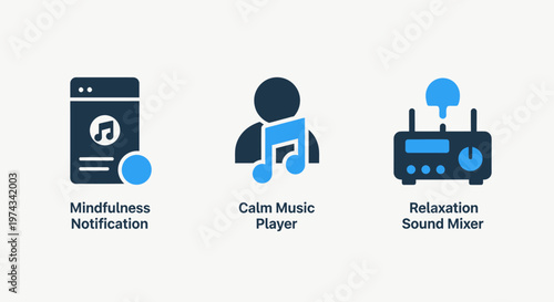 Mindfulness notification, calm music player, and relaxation sound machine icons