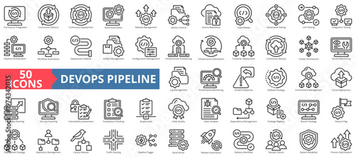 devops pipeline icon pack outline illustration contains automated testing, canary release, trigger, version control, traffic routing, package registry, orchestration, cloud, provisioning, culture