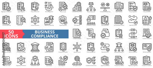 business compliance icon pack outline illustration contains transparency practice, audit trail, record keeping, fraud prevention, risk management, quality assurance, data protection, corporate policy