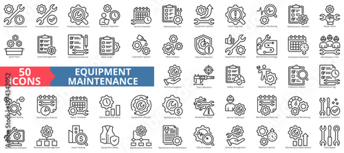 equipment maintenance icon pack outline illustration contains fault diagnosis, crew, preventive, corrective, predictive, spare parts, work order, wear analysis, system, inspection, service and repair