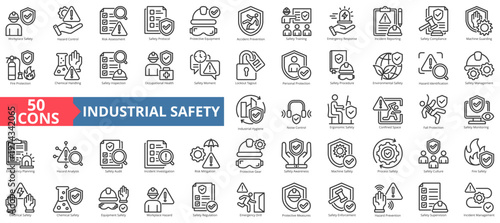 industrial safety icon pack outline illustration contains emergency drill, machine guarding, lockout tagout, occupational health, noise control, risk mitigation, incident management, hazard analysis