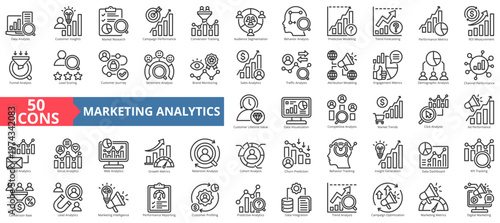 marketing analytics  icon pack outline illustration contains churn prediction, click, cohort, sentiment, analysis, dashboard, customer, journey, profiling, lead scoring, web traffic