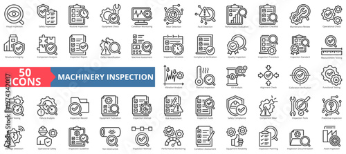 machinery inspection icon pack outline illustration contains component wear, alignment check, non-destructive, structural integrity, wear detection, routine, load testing, schedule, and maintenance