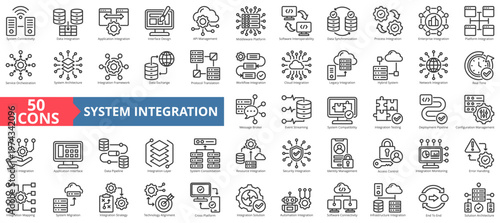 system integration icon pack outline style contains cross-platform, end-to-end, middleware platform, orchestration, event streaming, protocol translation, message broker, api management, connectivity