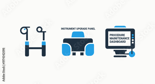 Industrial maintenance and technical support icons illustrating equipment upgrade processes and hardware management dashboards