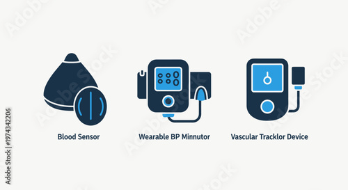 Collection of modern health monitoring device icons, featuring a blood sensor, a wearable blood pressure monitor, and a vascular tracker device