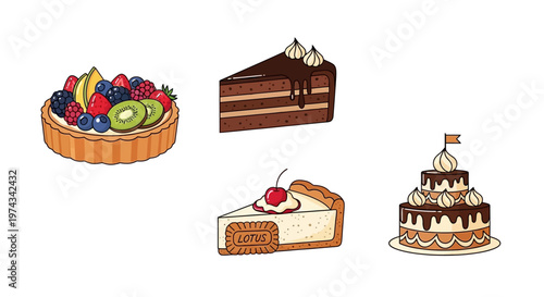 Variety of cakes and desserts displayed.