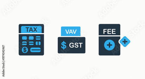 Financial icons for tax calculation, value added tax (vat) / goods and services tax (gst), and fee management