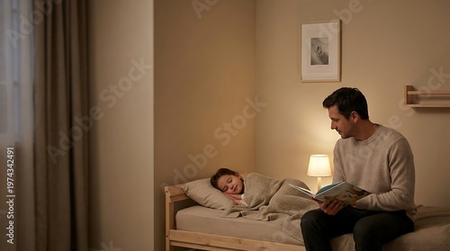 A man reading a book to a child lying in bed in a dimly lit bedroom with a warm and cozy mood.