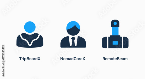 Abstract icons representing user profiles, a business professional, and a remote sensing device in a clean blue and black design on a white background, suitable for software or app interfaces and digi