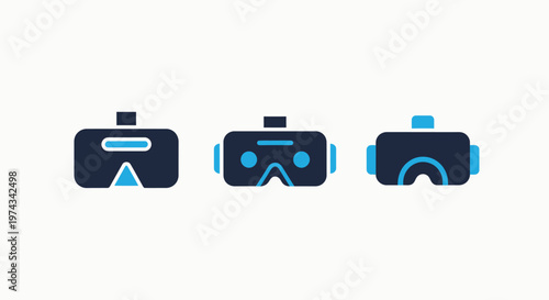 Three distinct minimalist virtual reality vr headsets or goggles icons in various modern designs, depicted in blue and black colors on a white background, representing immersive digital experiences