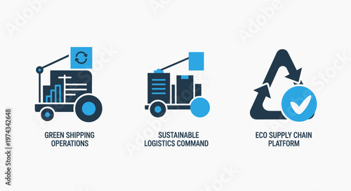 Green shipping operations, sustainable logistics command, and eco supply chain platform icons for environmental transport