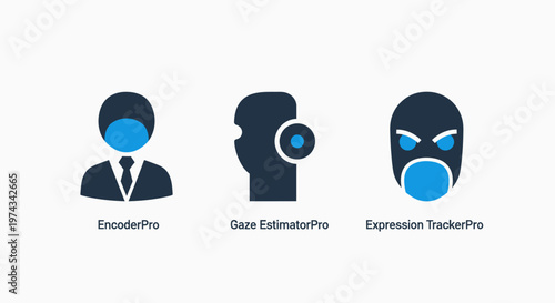 Eye tracking, gaze estimation, and expression tracking system icons for biometric analysis and human-computer interaction