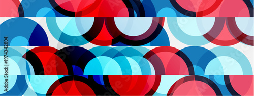 Abstract pattern features overlapping circles. Colors include red, blue, light blue, dark blue. Design appears seamless, modern.