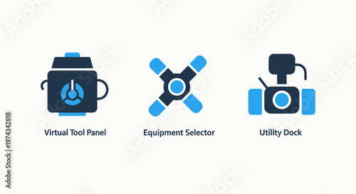Digital interface icons for visual tool panels, equipment selectors, and utility docks