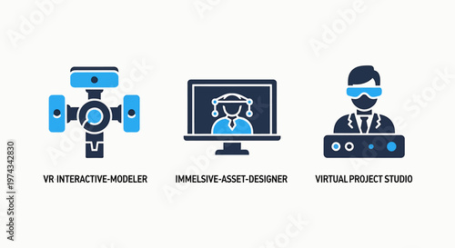 Technology icons for virtual reality, 3D interactive modeling, and digital asset design studios