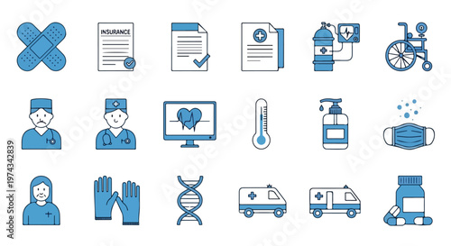 A collection of 18 blue and white medical icons representing various healthcare items, personnel, and services on a white background.