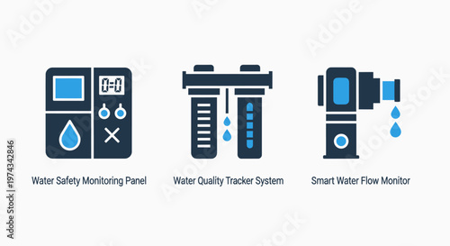 Smart technology icons for water quality monitoring, filtration systems, and flow sensors