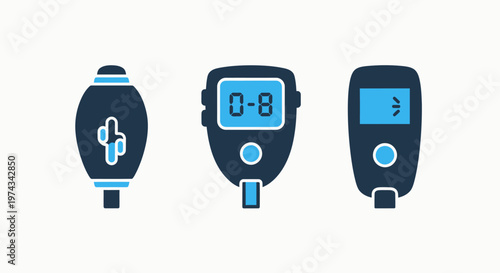Medical testing devices for health monitoring, three different glucose meters, digital diagnostic tools for diabetes management, blood sugar level checks