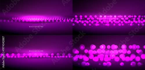 Purple backgrounds showcase varying densities of glowing circles. Gradient effects create depth, visual interest. Minimalist design, modern aesthetic.