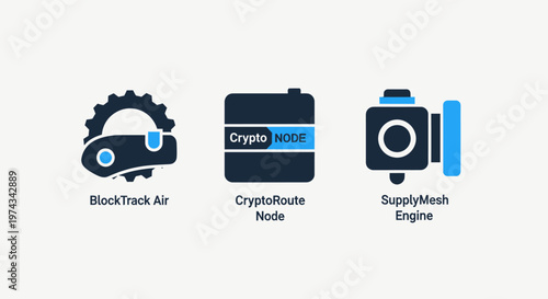 Work mart xr, cryptonode node, and supply mesh engine icons representing future technologies