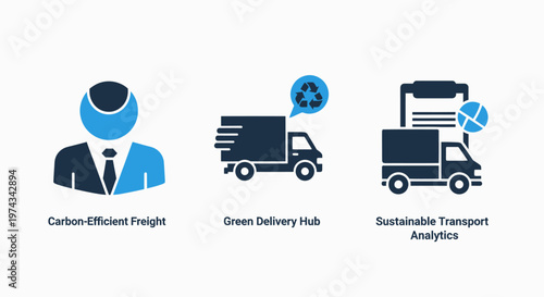 Carbon-efficient freight, green delivery hub, and sustainable transport analytics icons, eco friendly