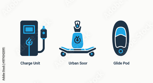 Charge unit, urban spot electric skateboard, and glide pod icons for urban mobility, eco friendly