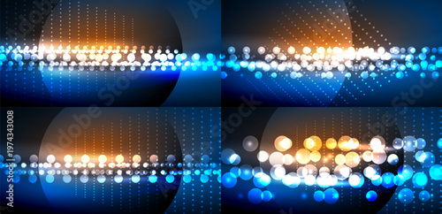 Abstract backgrounds feature glowing particles, vibrant colors, dynamic lines. Modern design elements create futuristic visual effects.