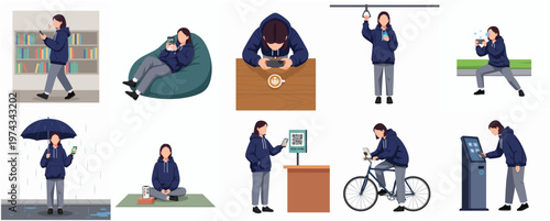 Diverse Situations Flat Illustration of Woman Using Phone in Daily Life