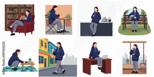 Modern Flat Style Girl in Hoodie Character Illustration Set