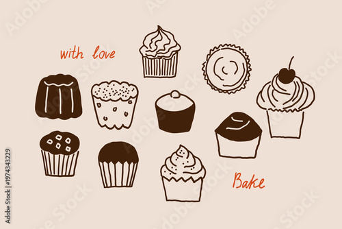 Cupcake, sweet desserts and pastries. Doodle bakery collection. line art muffins and cakes.  Design for for menu, wrapping, banner, greeting cards, branding . Hand drawn vector isolated illustration.